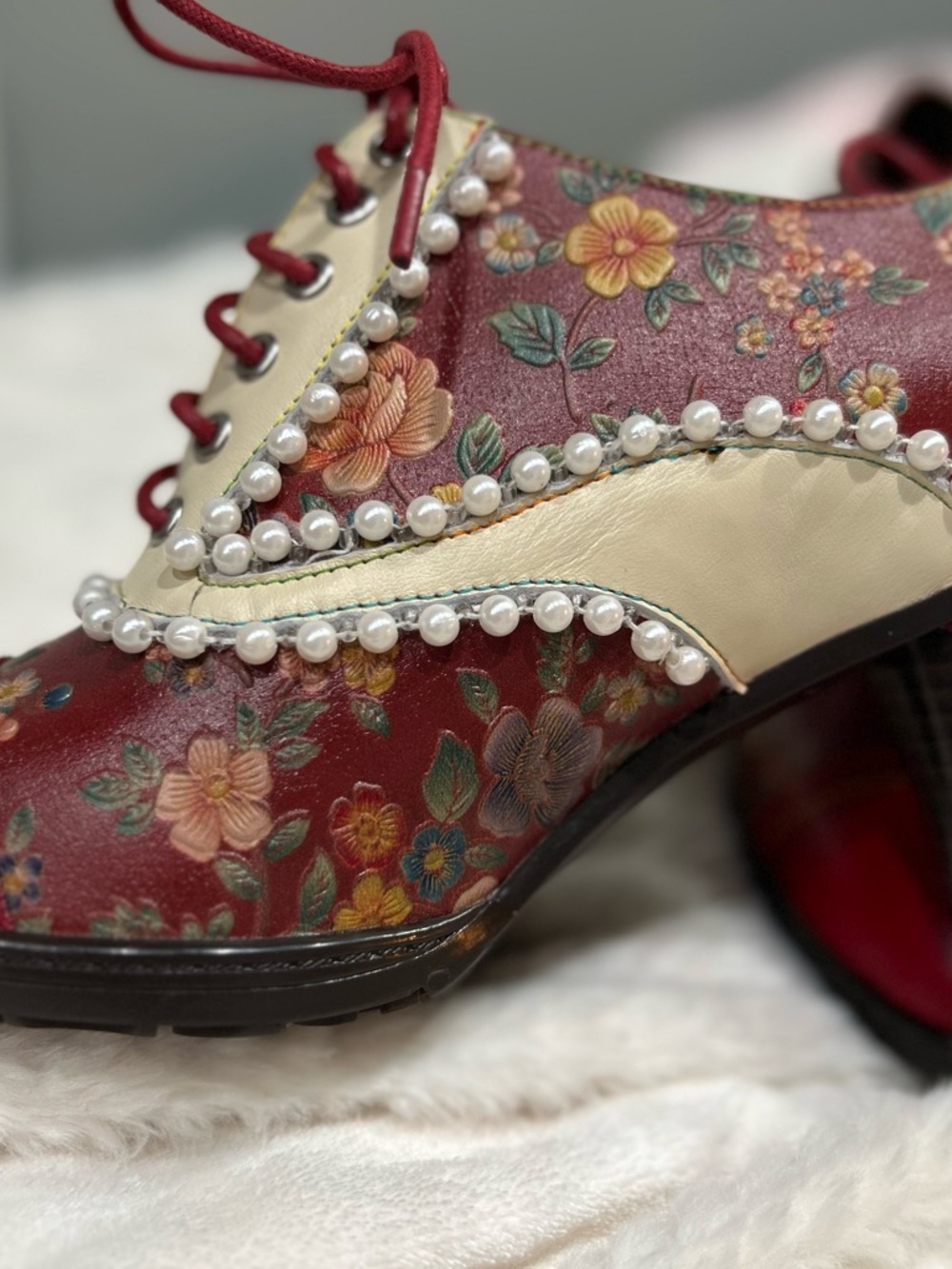 Pearl-Trim Floral Oxford Heels in Burgundy and Cream